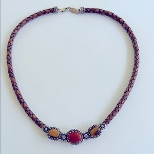 American West Carolyn Pollack Braided Leather Stone Cabochon Sterling Necklace